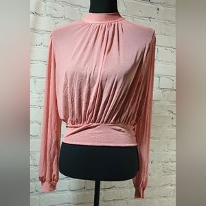 Vintage LS High-Neck Woven Sheer CroppedBlouse Peachy Pink